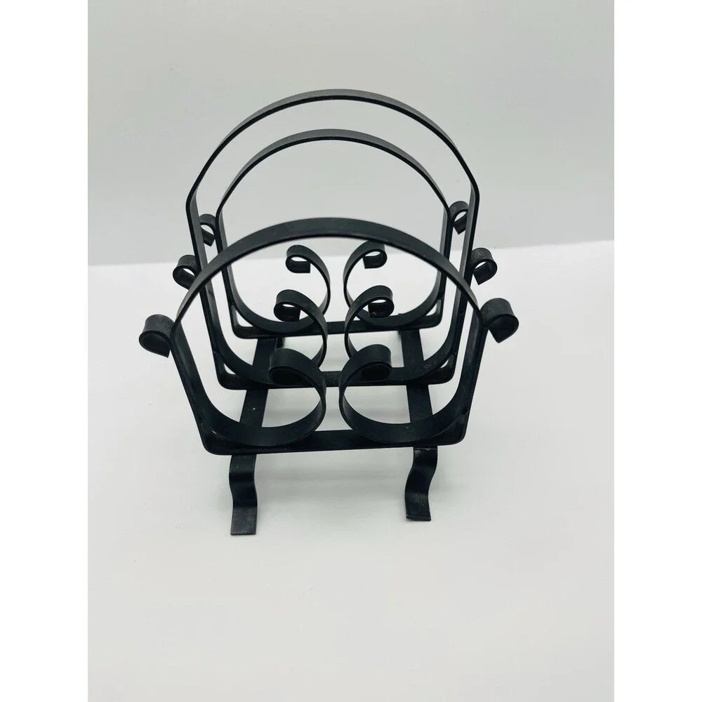 Black Wrought Iron 3 Slot Napkin Holder Mail Organizer Scroll Farmhouse Decor